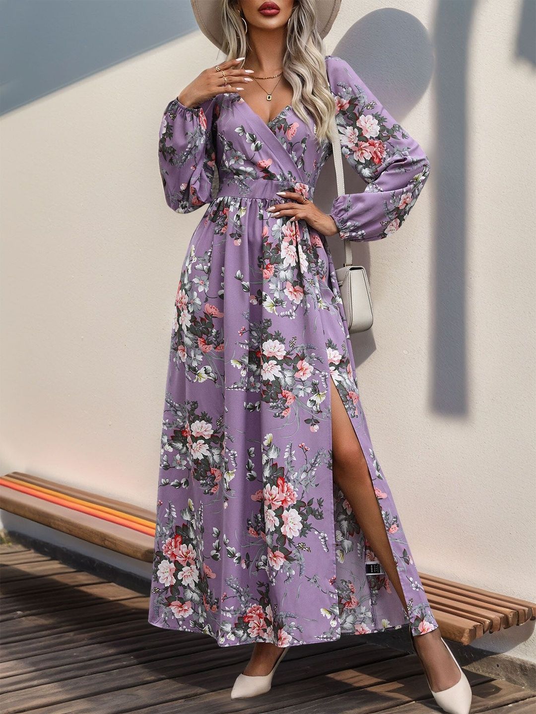 Women's Purple Floral Print Puff Sleeve Maxi Dress