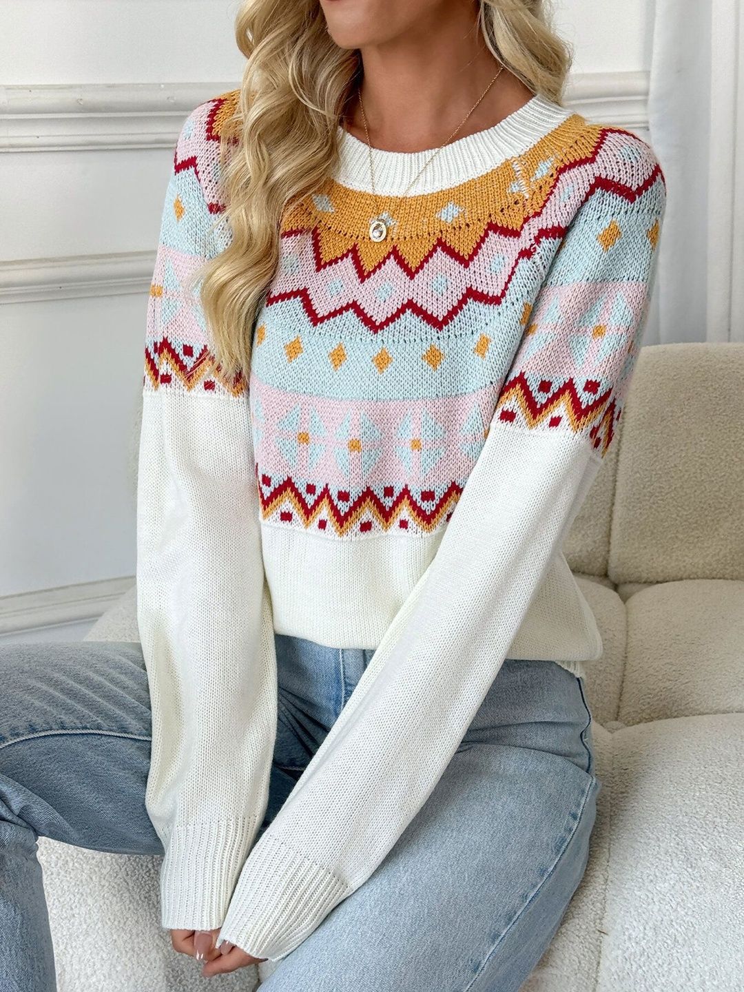 Women's White Fair Isle Printed Pullover Blend Regular Fit