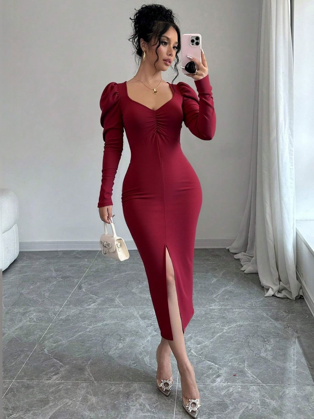 NOWI Puff Sleeve Sheath Midi Dress