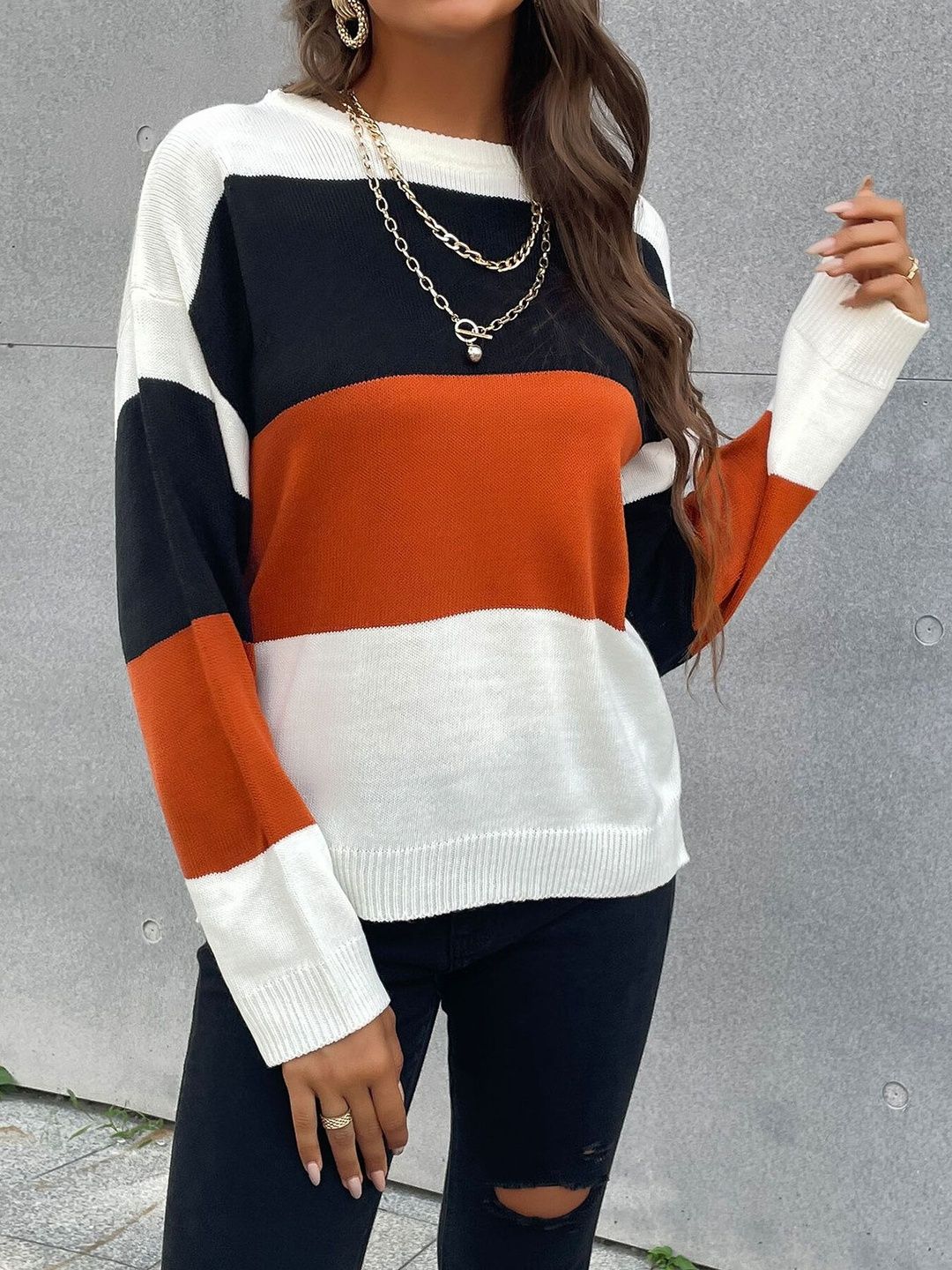 Women's Brown Colourblocked Pullover Blend Printed
