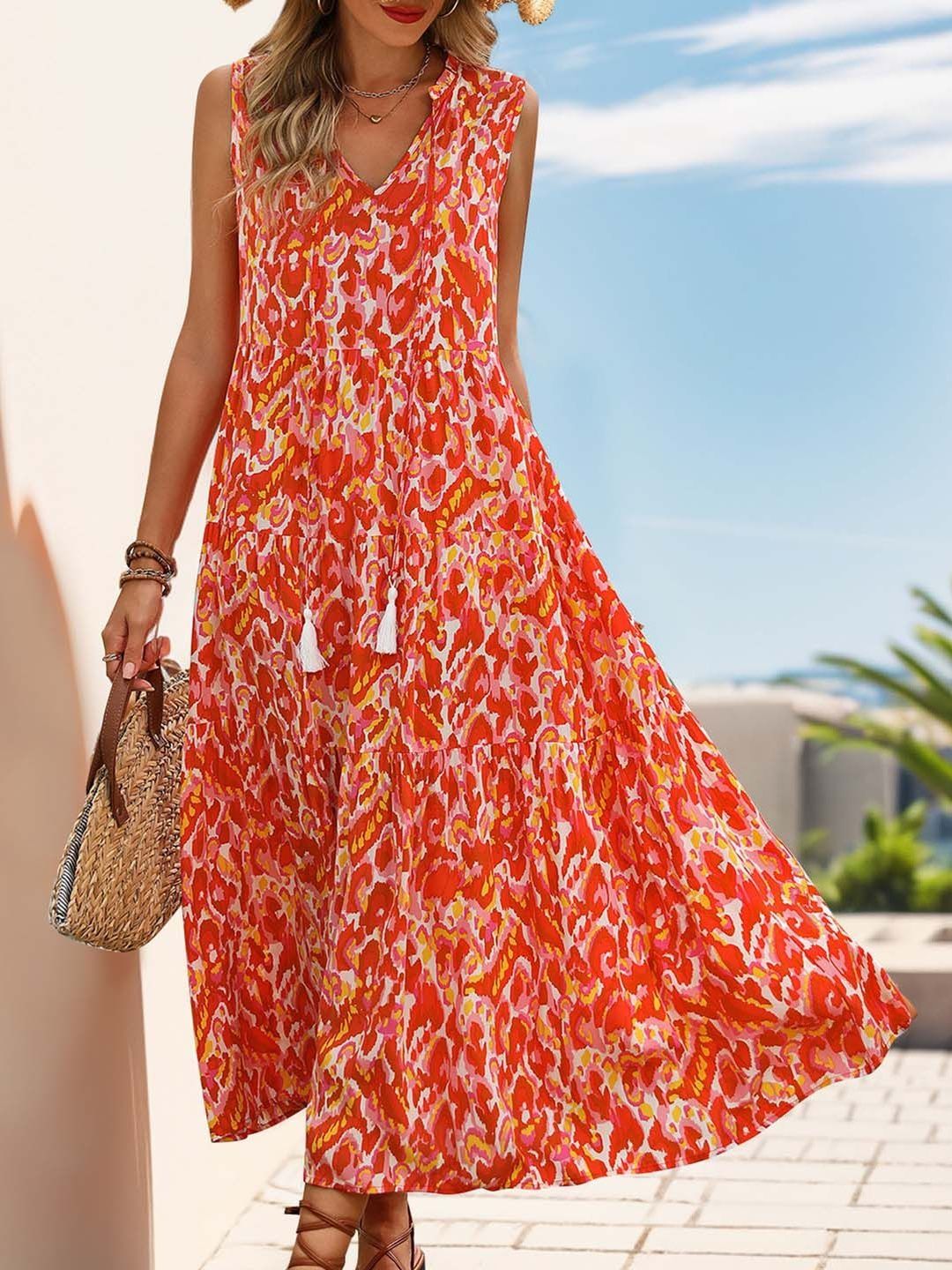 Women's Red Printed A-Line Midi Dress