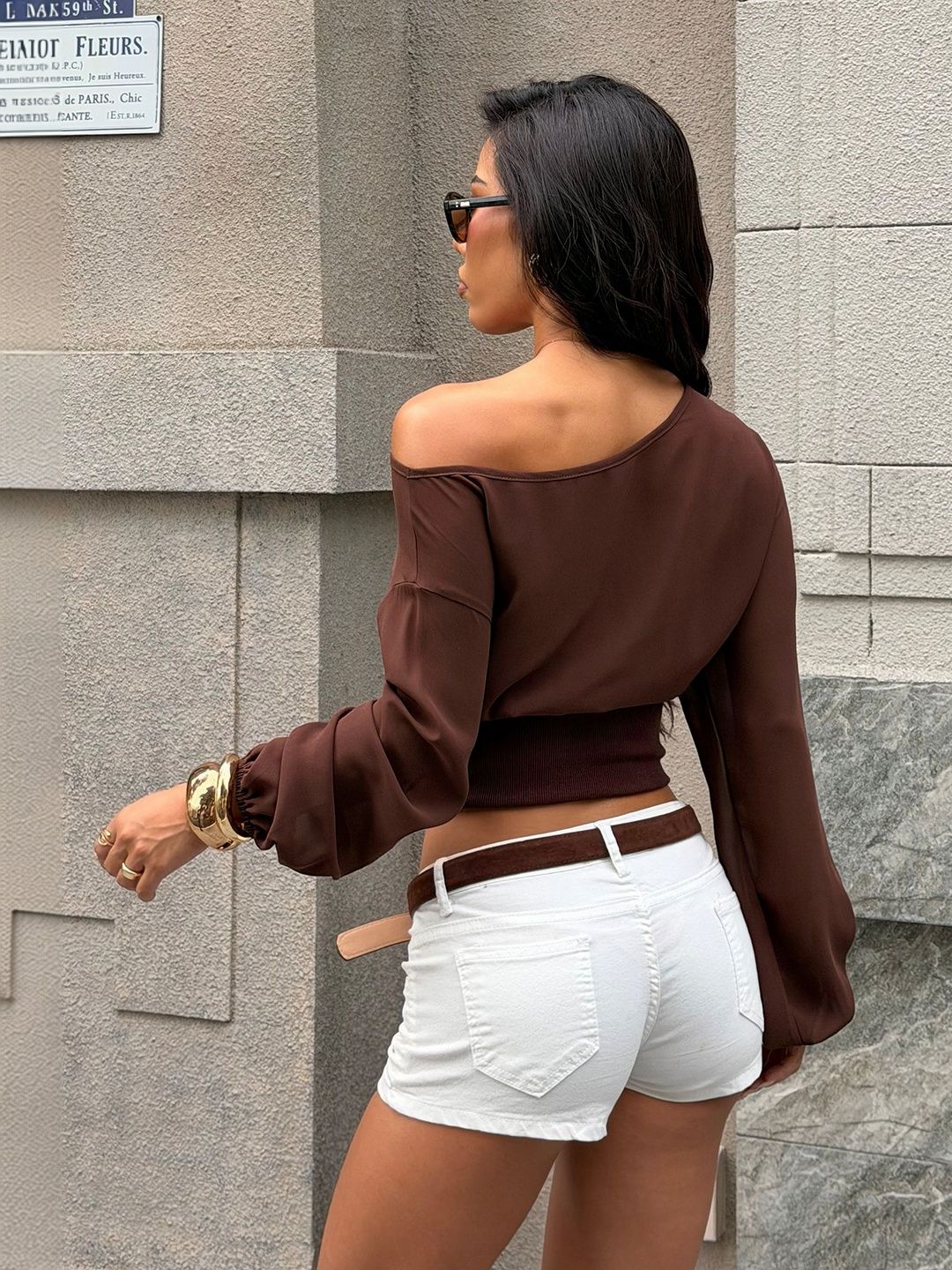 Women's Brown One Shoulder Top Blend Printed Regular Fit