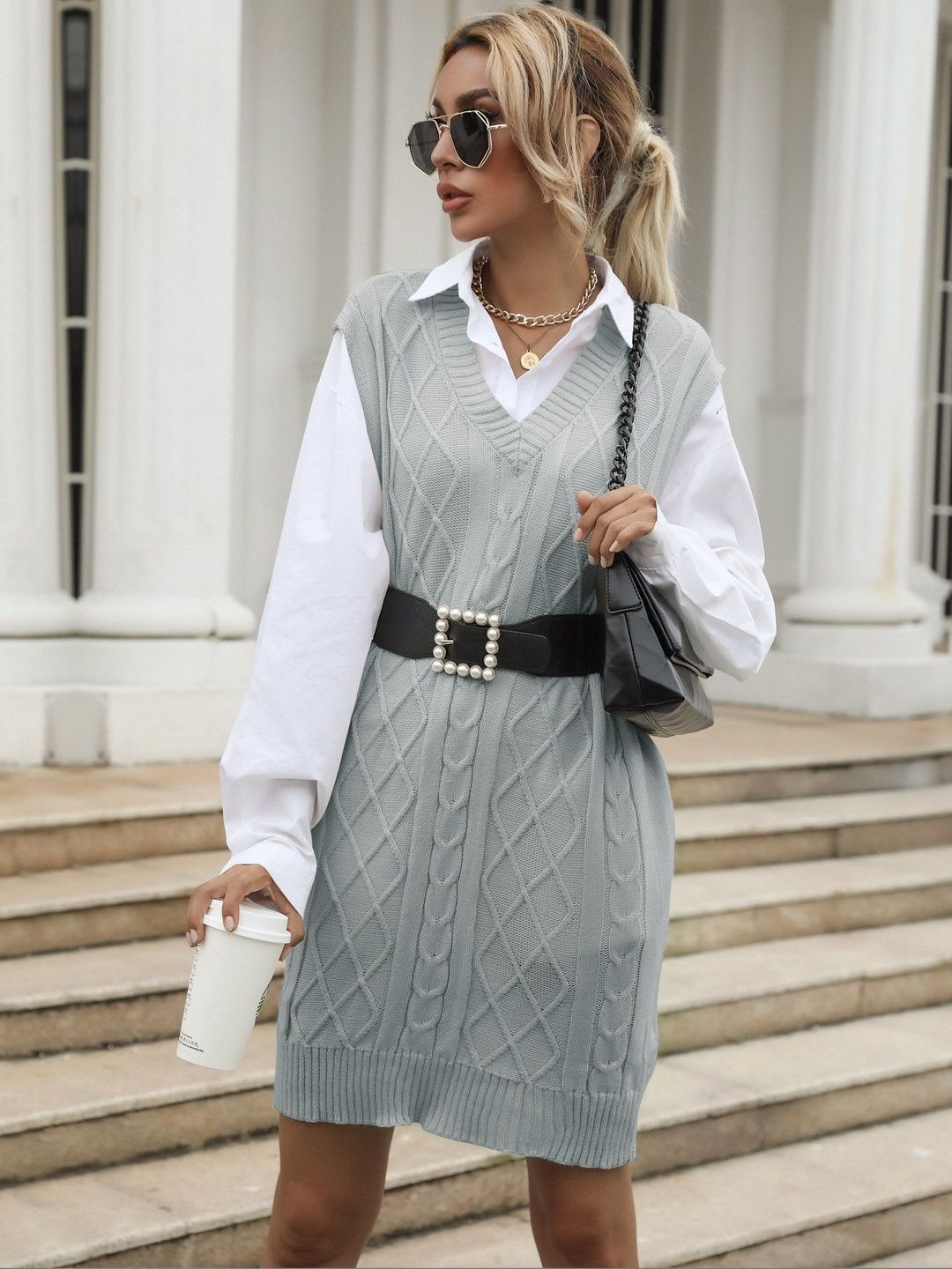 Women's Grey Cable Knit Sweater Vest Printed Regular Fit