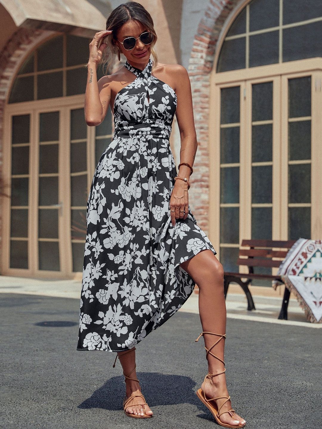 Floral Print Halter Neck Fit & Flare Midi Dress