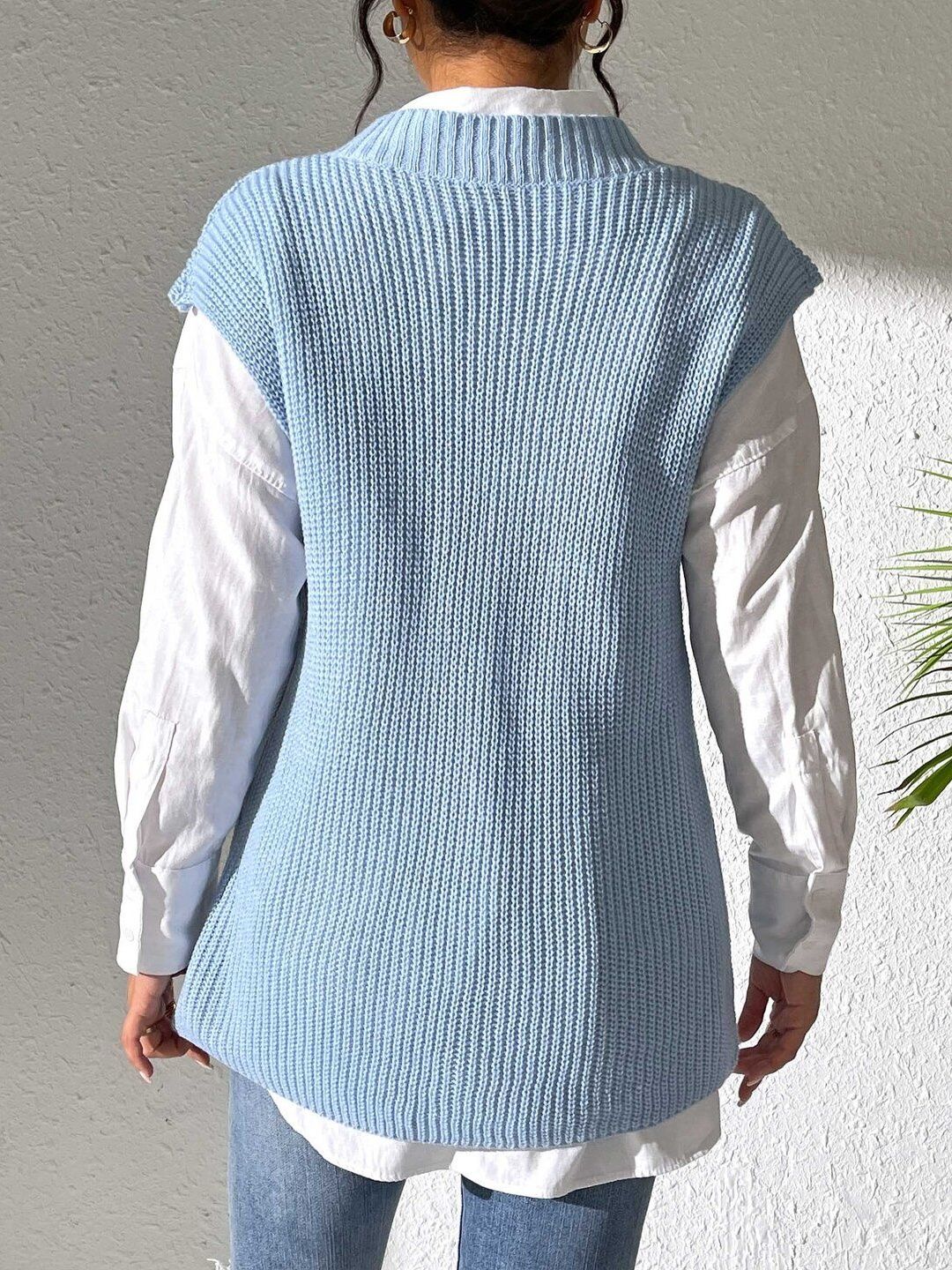 Women Ribbed Sweater Vest with Embroidered Detail