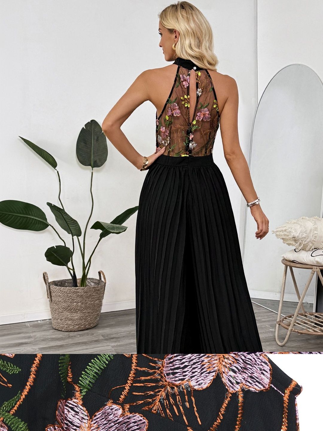 Halter Neck Basic Jumpsuit with Embroidered