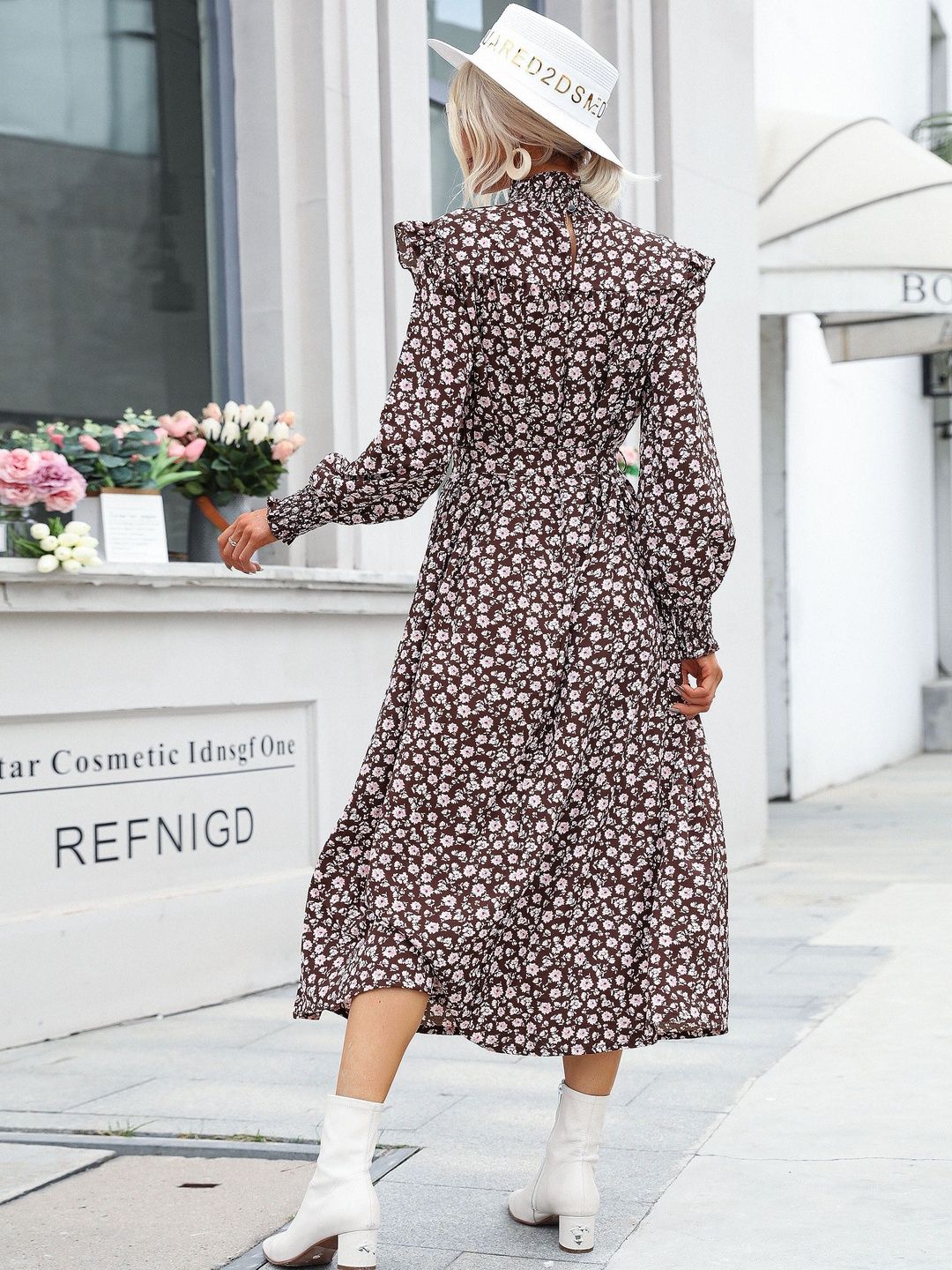 Women's Brown Floral Print Puff Sleeve Ruffled Fit & Flare
