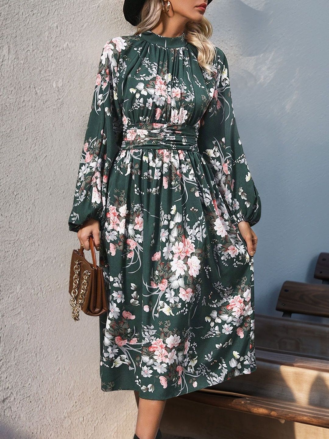 Women's Green Floral Print Fit & Flare Midi Dress Blend