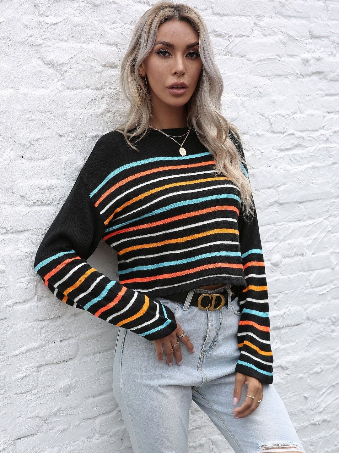 Women's Black Rainbow Striped Crop Pullover