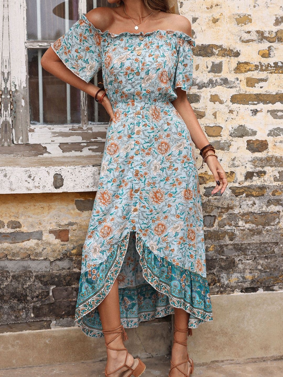 Floral Print Off-Shoulder Flared Sleeve A-Line Midi Dress