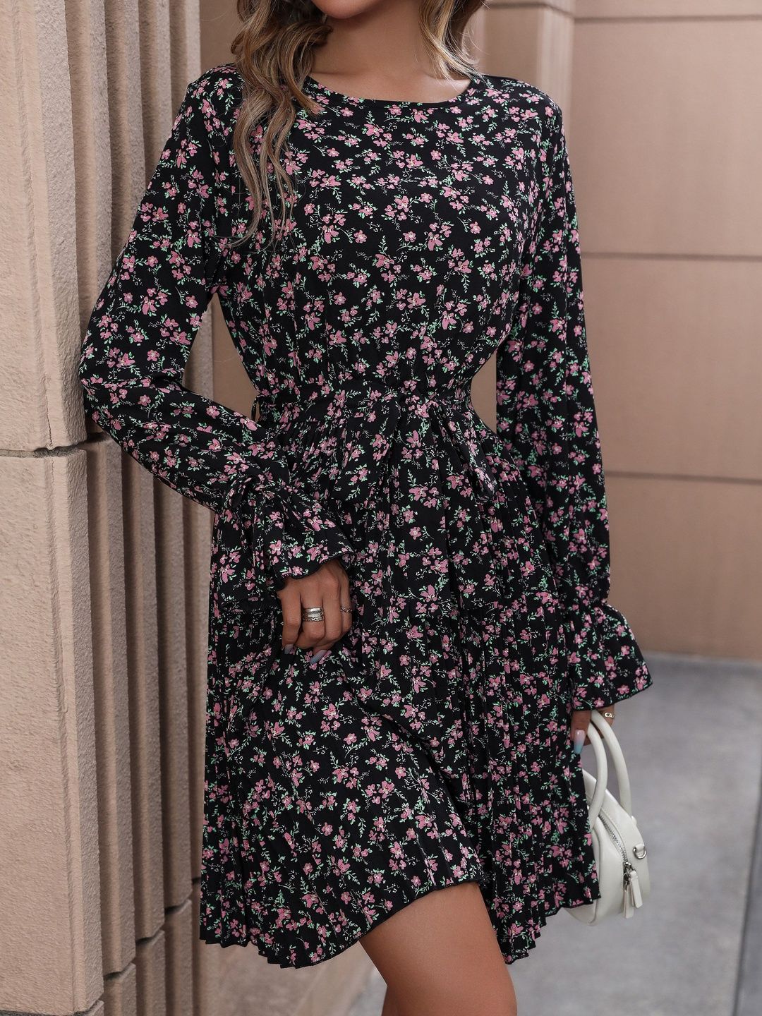 Women's Black Floral Print Fit & Flare Dress Blend