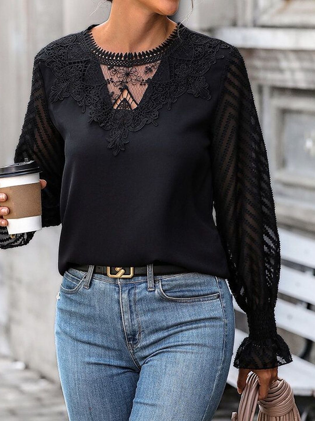 Women's Black Embellished Bishop Sleeves Ruffles Top