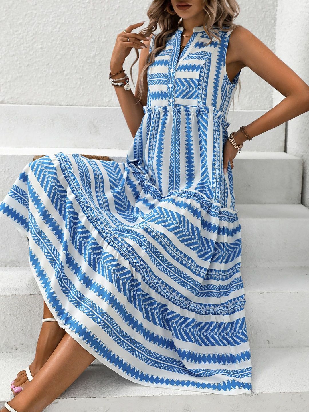 White Tribal Print Sleeveless Midi Dress