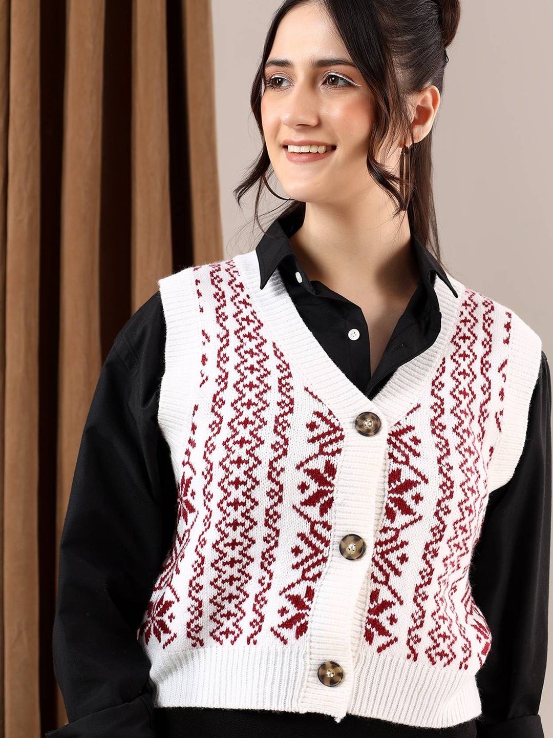 NOWI Women Fair Isle Printed Woollen Crop Sweater Vest