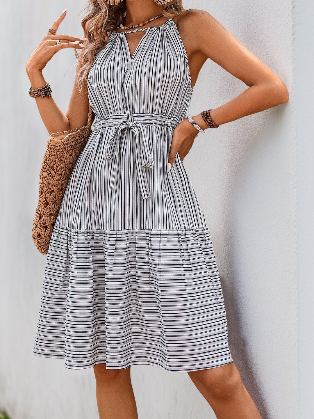 Striped Halter Neck Fit & Flare Dress