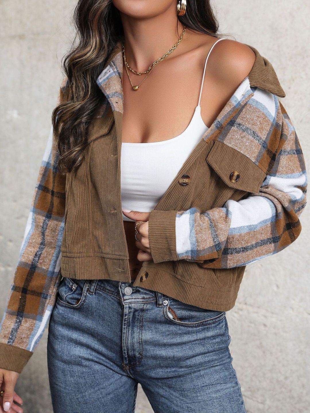 Women Checked Denim Jacket