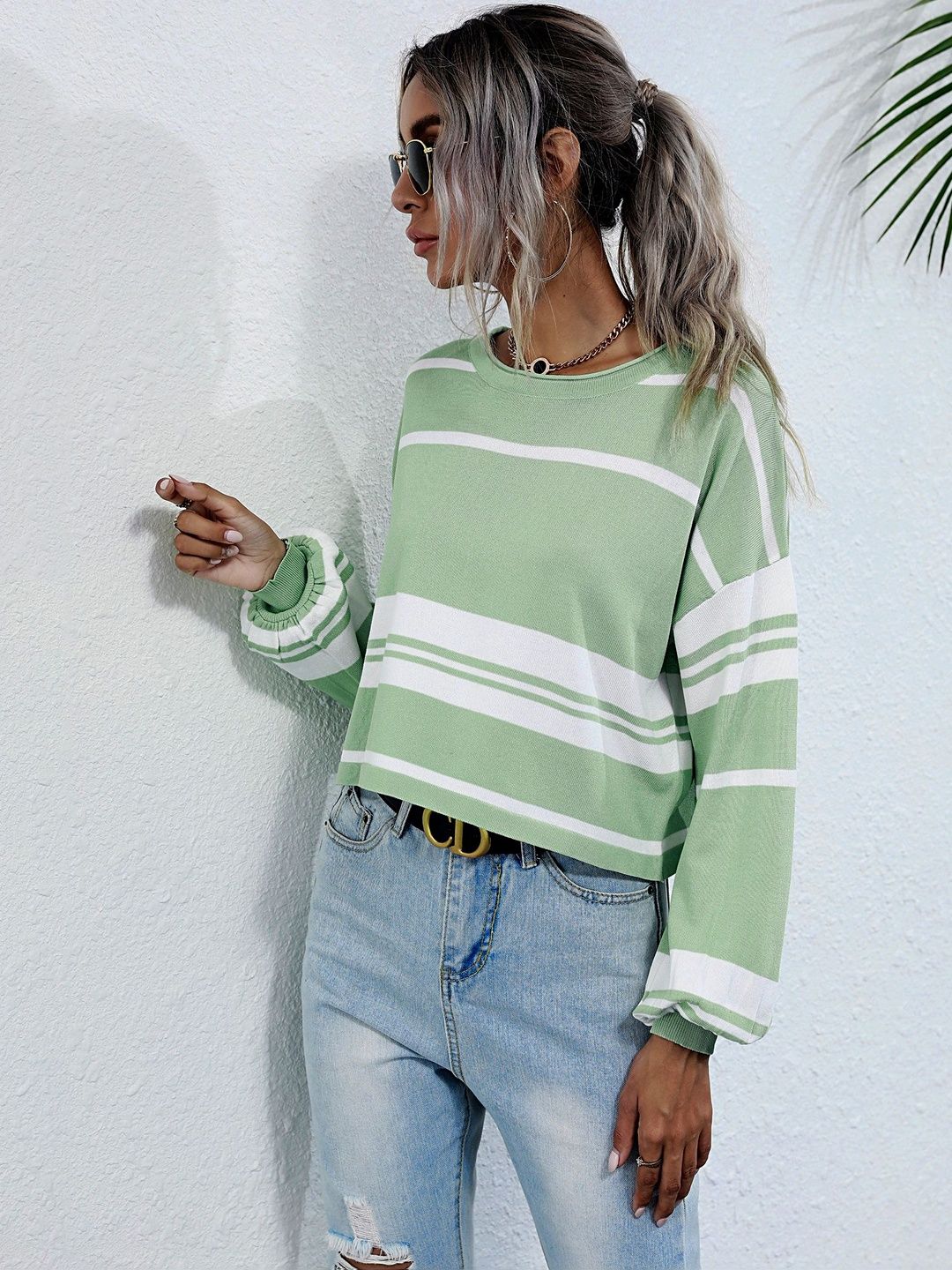 Women's Green Striped Crop Pullover