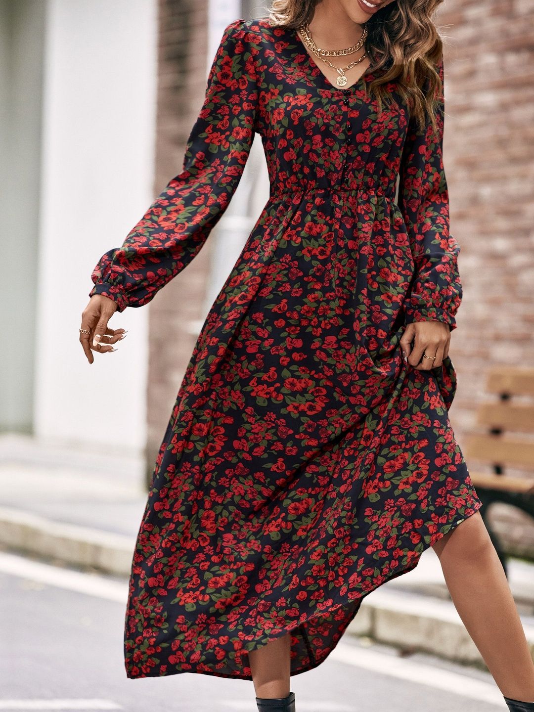 Women's Black Floral Print A-Line Midi Dress Blend