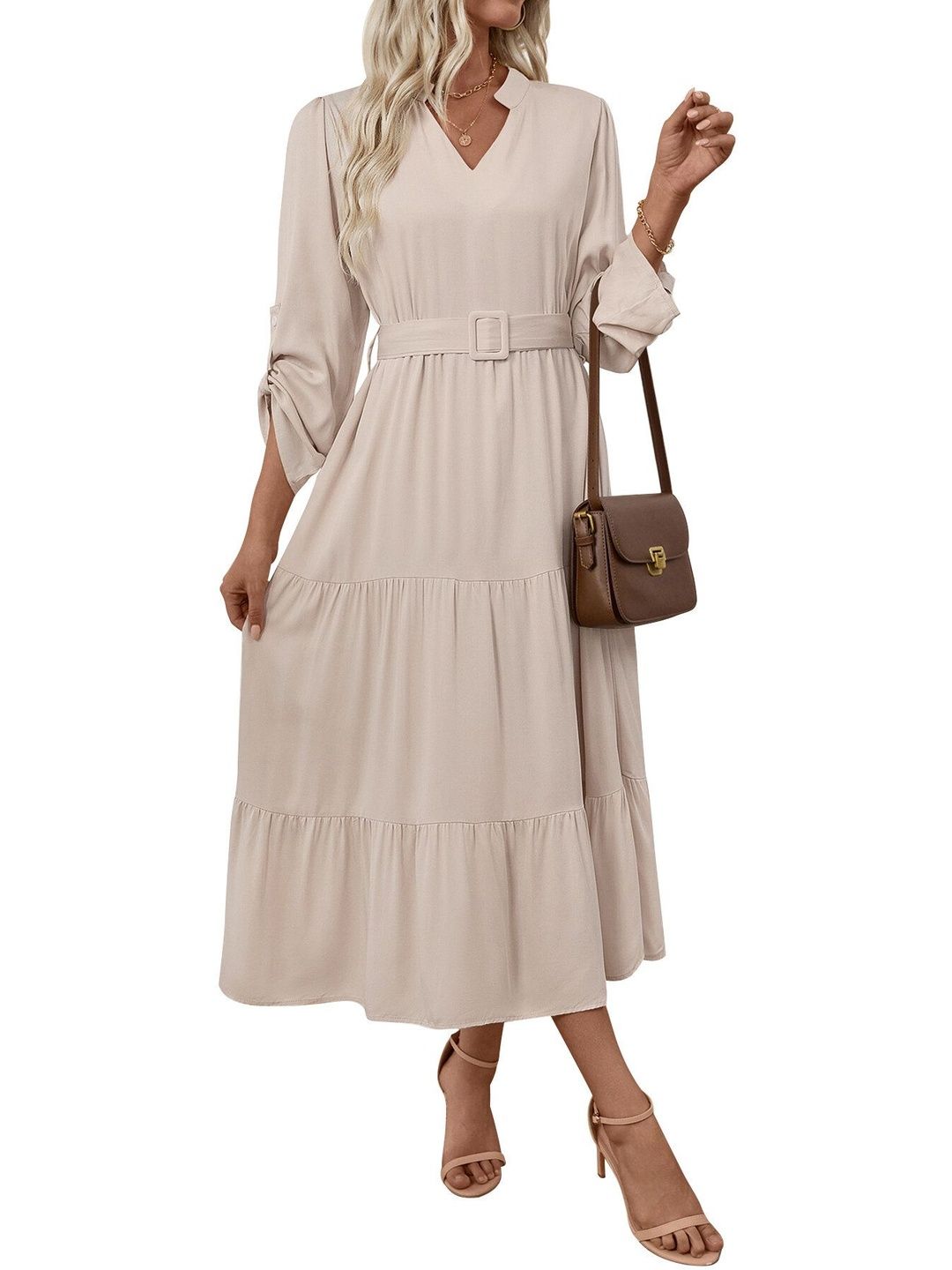 Women's Beige Liva A-Line Midi Dress