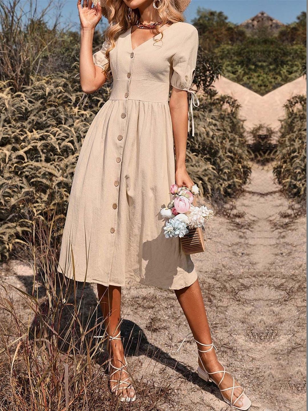 Solid Front Button A-Line Midi Dress