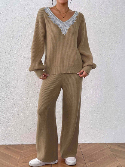 Knitted Embellished Sweater with Palazzos