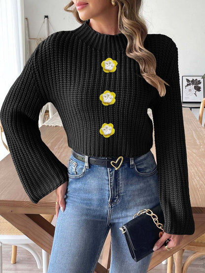 Women Ribbed Crop Pullover with Applique Detail