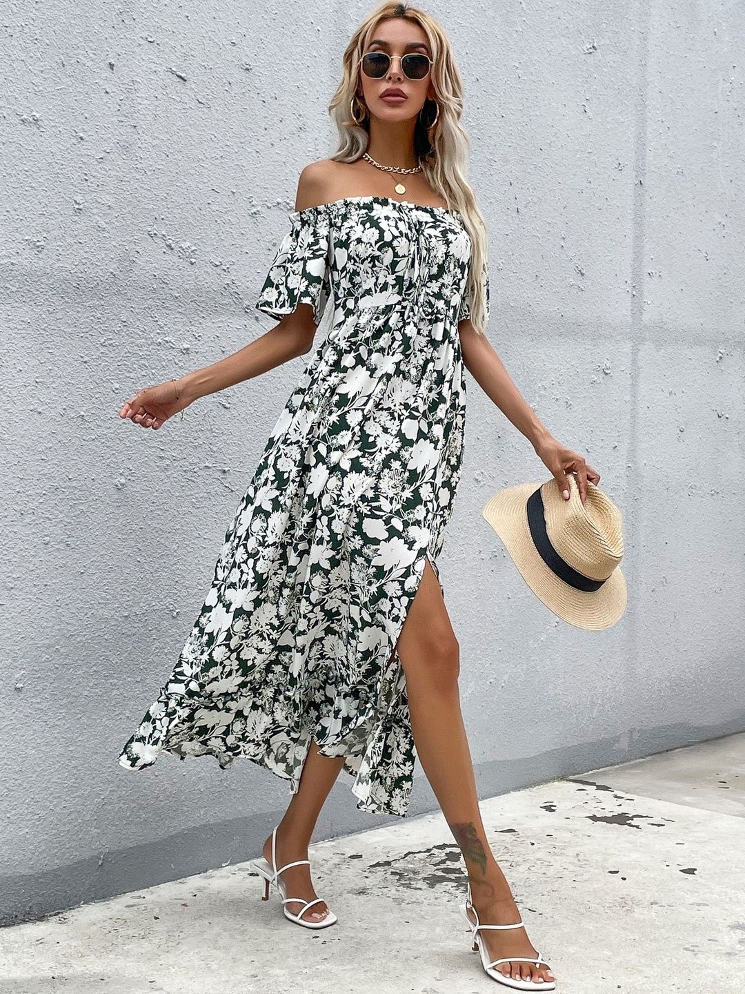 Floral Print Off-Shoulder Flared Sleeve A-Line Midi Dress in White cotton - Nowi Korean Fashion