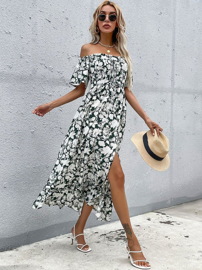 Floral Print Off-Shoulder Flared Sleeve A-Line Midi Dress in White cotton - Nowi Korean Fashion