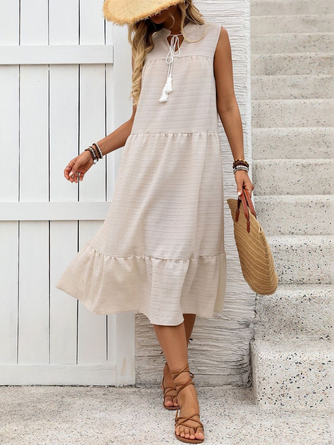 Ruffled A-Line Midi Dress in Beige cotton - Nowi Korean Fashion