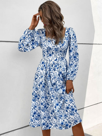 Women's White Floral Print Puff Sleeve Fit & Flare Midi