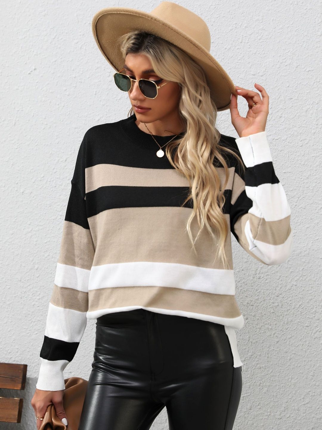 Women's Black Striped Pullover Blend Regular Fit