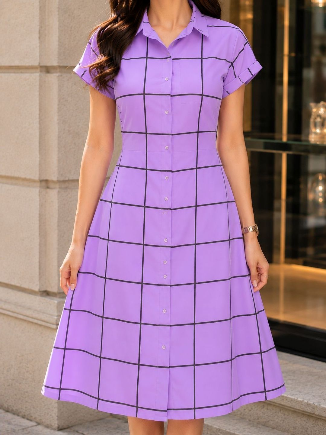 Checked Crepe Fit & Flare Midi Dress