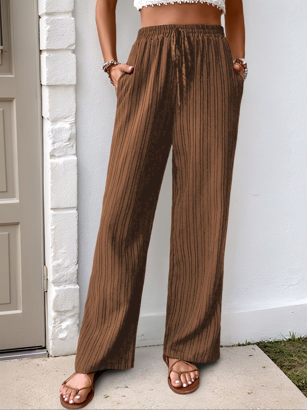 Women Textured Loose Fit High-Rise Non Iron Trousers