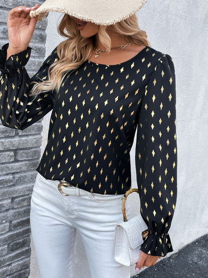 Women's Black Geometric Print Puff Sleeve Ruffles Top