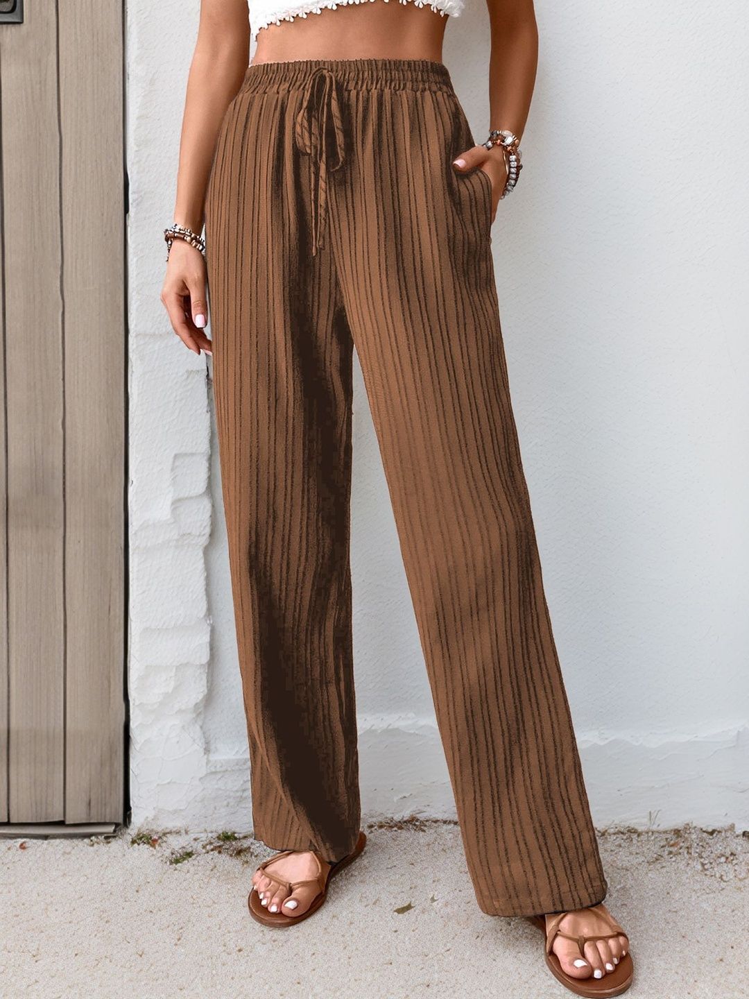 Women Textured Loose Fit High-Rise Non Iron Trousers