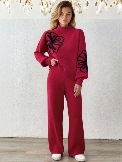 Floral Embellished Trousers in Red acrylic - Nowi Korean Fashion