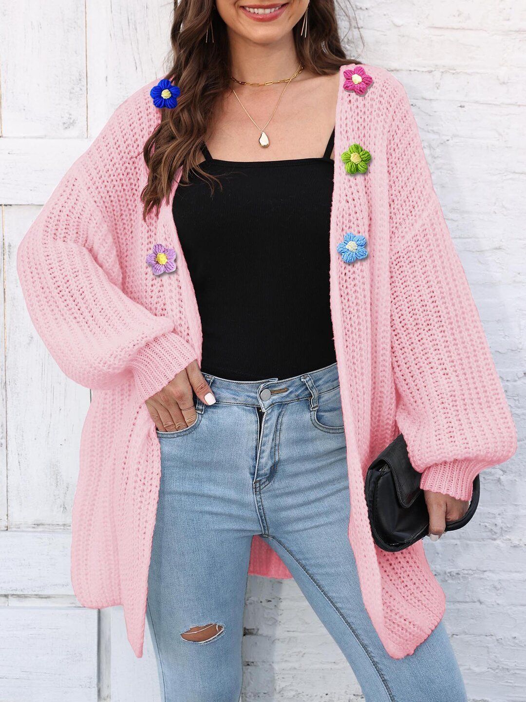Women Ribbed Cardigan with Applique Detail