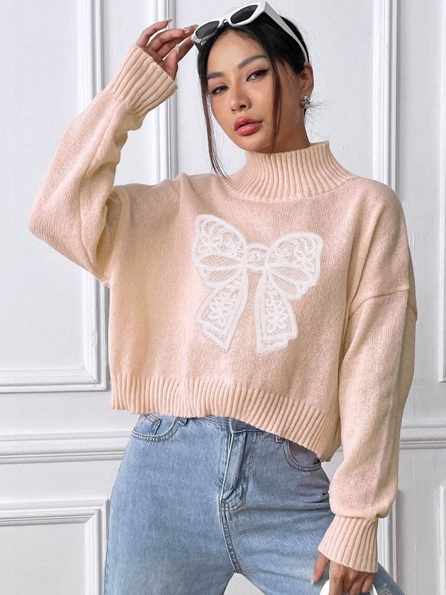Printed Crop Pullover in Pink acrylic - Nowi Korean Fashion