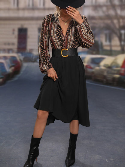 Bohemian Ethnic Print Midi Dress with Long Sleeves