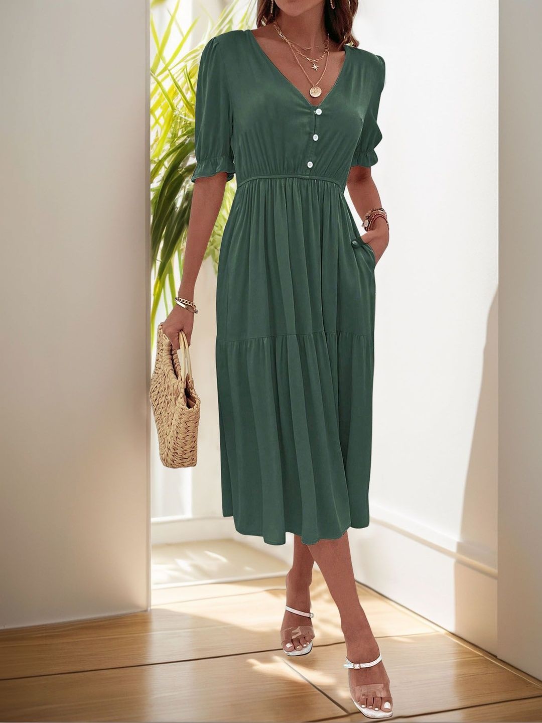 Puff Sleeve Fit & Flare Midi Dress
