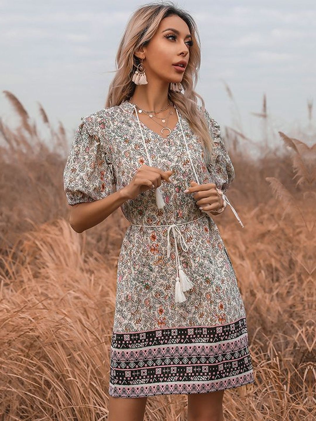 Floral Print Puff Sleeve A-Line Mini Dress