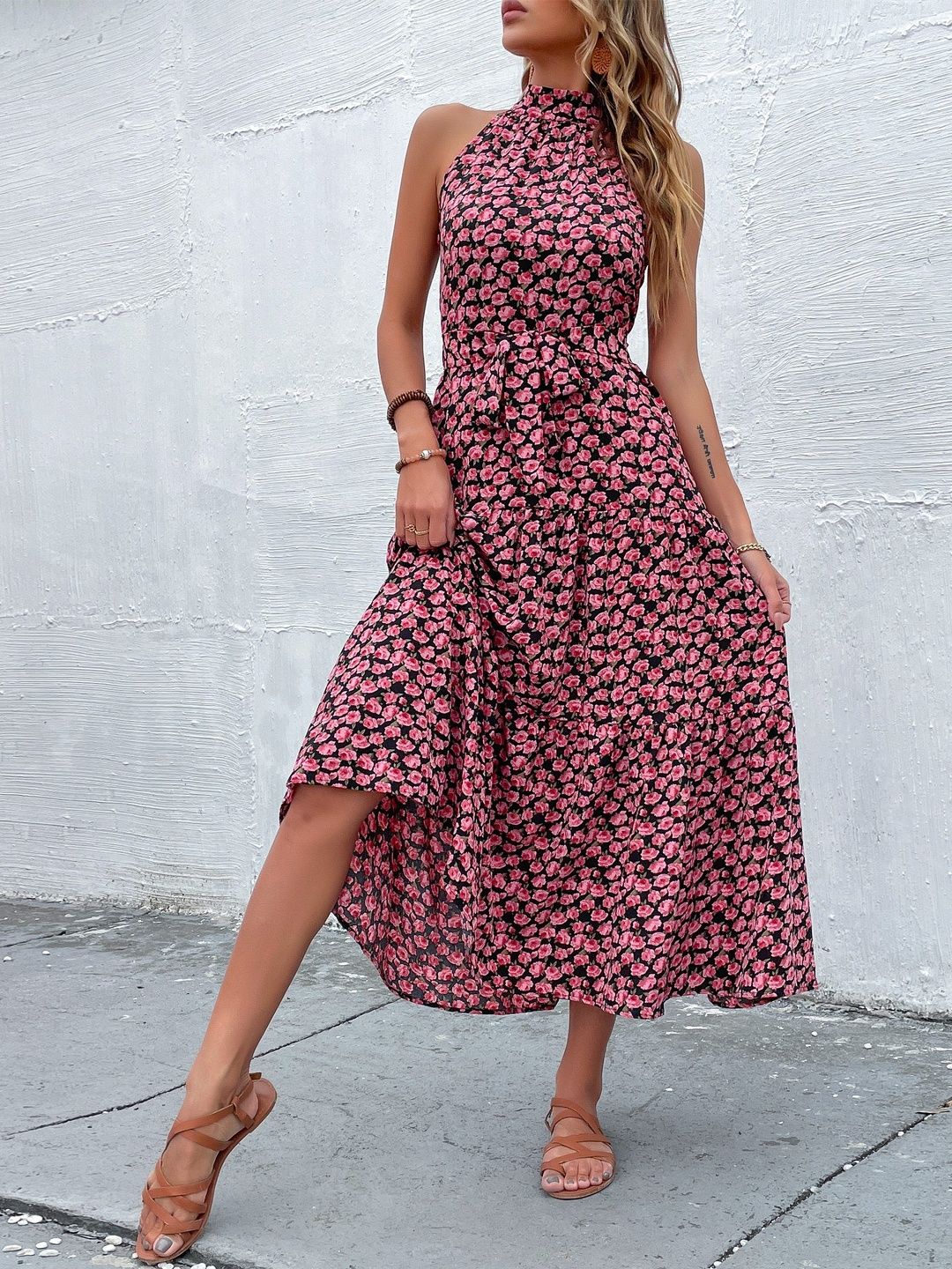 Floral Print Halter Neck A-Line Midi Dress