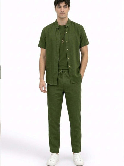 Cotton Blend Regular Fit Solid Casual Shirts in Green - Nowi Korean Fashion