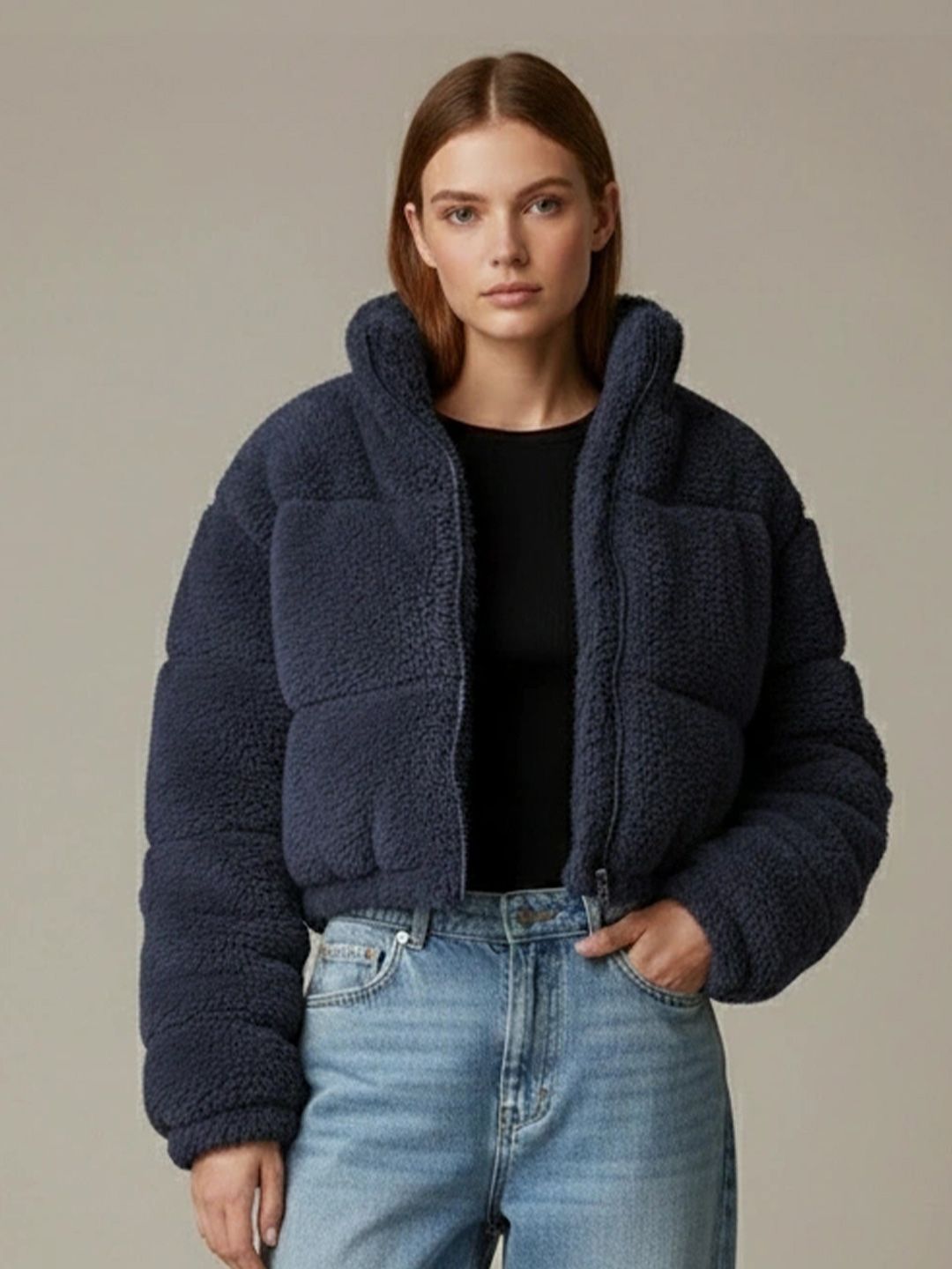 NOWI Women Woollen Crop Open Front Jacket