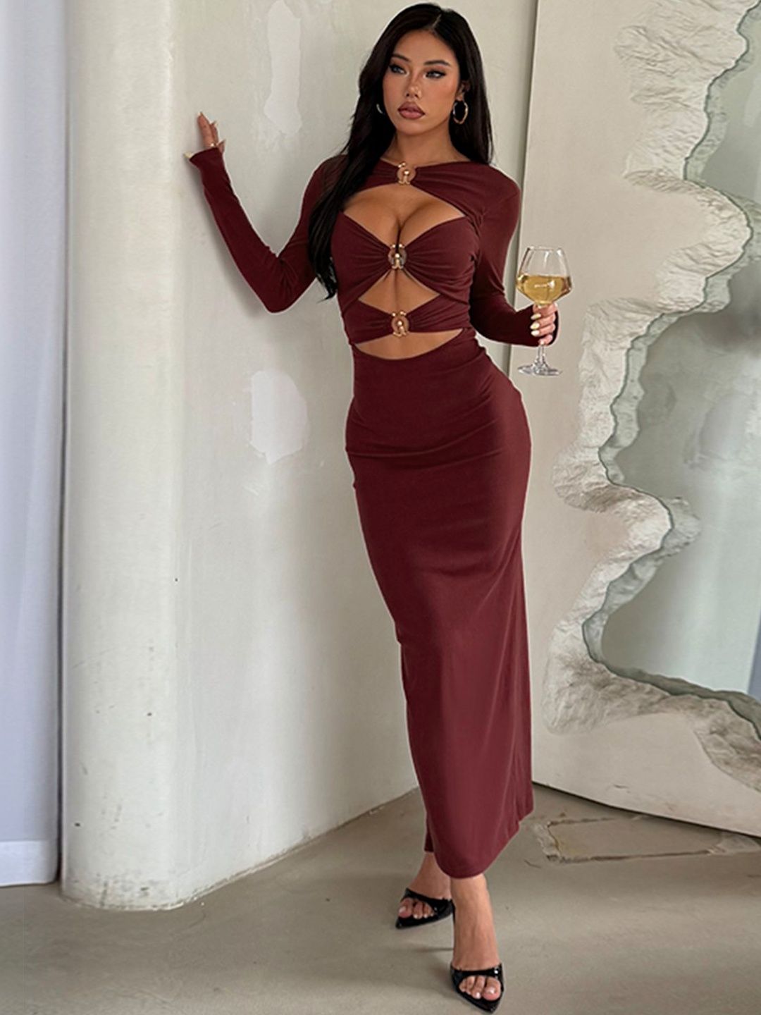 Bodycon Maxi Dress in Maroon Style 666 - Nowi Korean Fashion
