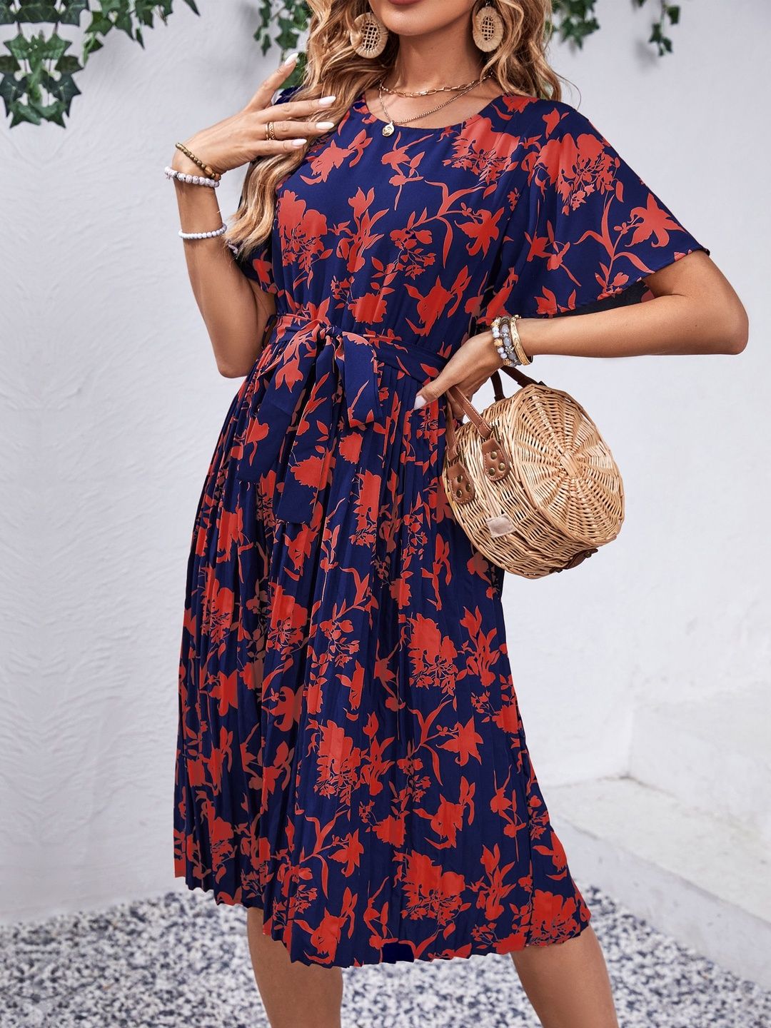 Floral Print Flutter Sleeve Fit & Flare Midi Dress