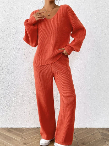 Orange Knitted V-Neck Sweater with Trousers