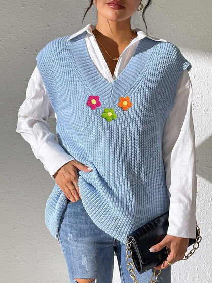 Women Ribbed Sweater Vest with Embroidered Detail