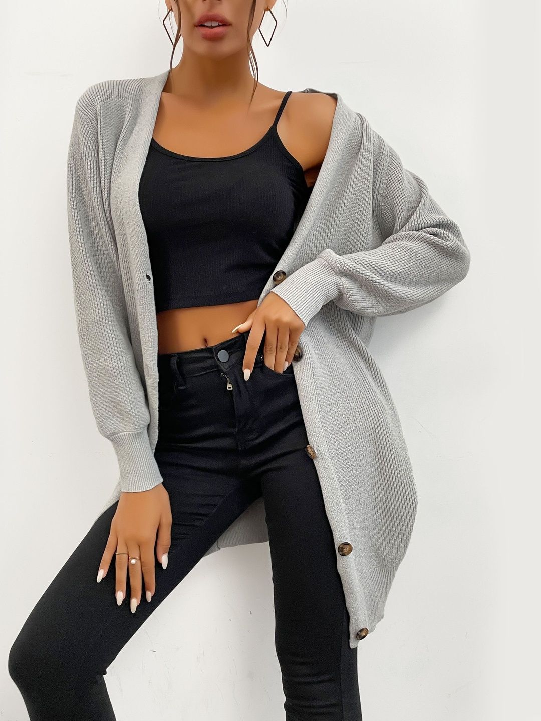 Women's Grey Ribbed Cardigan Blend Printed Regular Fit
