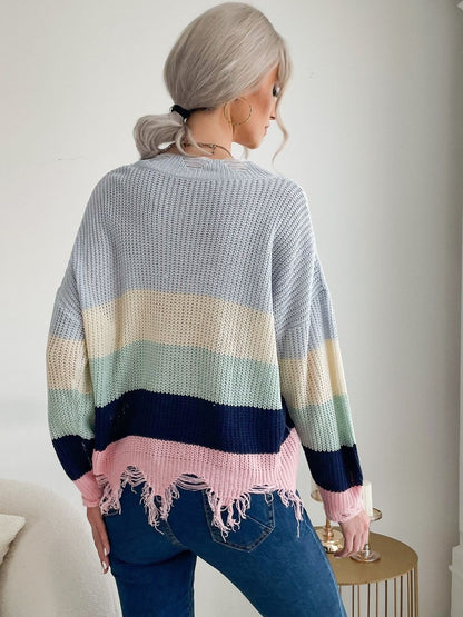 Women's Pink Colourblocked Pullover With Fringed Detail